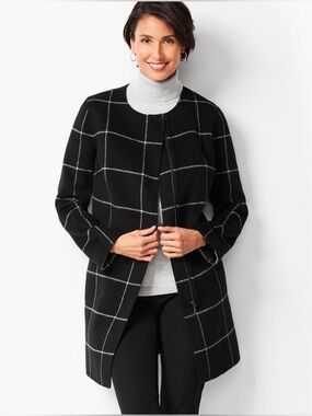 Talbots Black Windowpane Check Wool Coat Size XLP